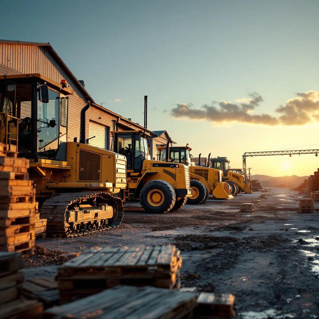 Excavators and site machinery staged for loading at an export yard
